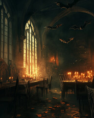 Haunted Gothic Dining Hall with Bats and Candlelight on Halloween Night