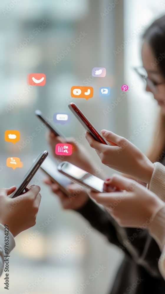 Poster close-up of smartphones displaying likes and social media interactions in a multicultural setting. c