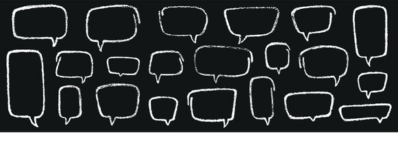 Oval and square chalk, crayon hand drawing speech bubble set. Vector stock grunge texture illustration on black chalkboard background for design template business presentation, school education.