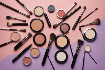 High angle of assorted decorative cosmetics and applicators arranged on three colored background in studio