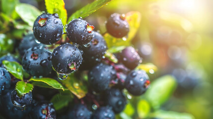 Close-up of ripe bilberries on a bush with water droplets. Concept of nature's bounty, fresh produce, and organic farming