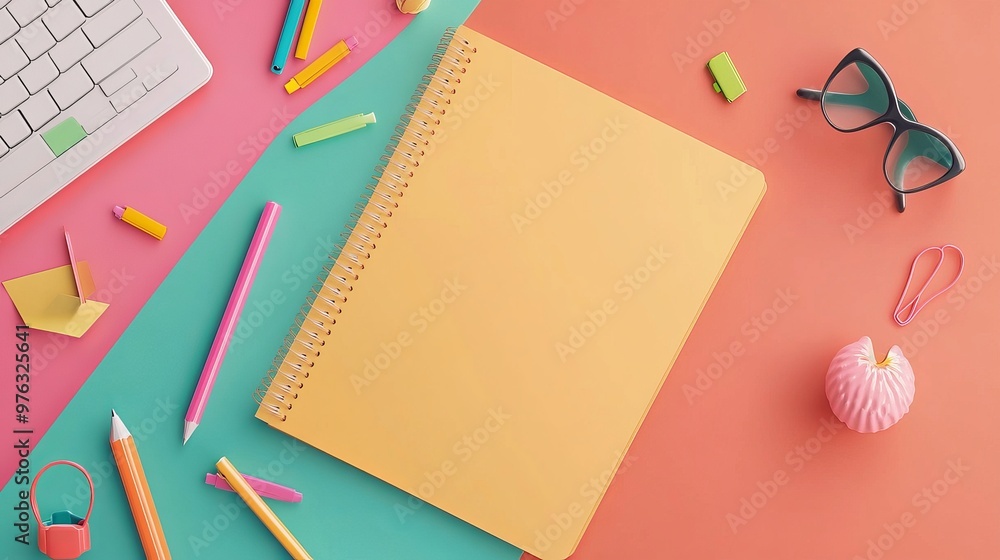 Wall mural 3d cartoonstyle rendering of an open notebook laid flat with space for text represents an elearning 