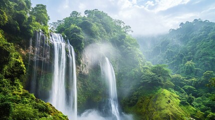 Waterfall cascading down a lush mountainside