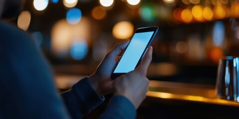 A person is holding and using a smartphone in a dimly-lit setting with a blurred backdrop of an modern urban nighttime scene, exuding connectivity and technology.