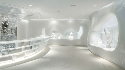 Elegant Ice Hotel Reception Area with Intricate Sculptures and Modern Design Concepts. Concept of winter luxury, innovative architecture, and artistic decorations