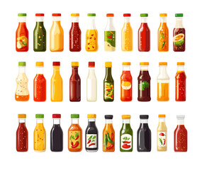 Cartoon sauces. Mustard mayonnaise soy ketchup bbq hot chilli pepper glass and plastic bottles condiments dips gravies, isolated vector set on white background