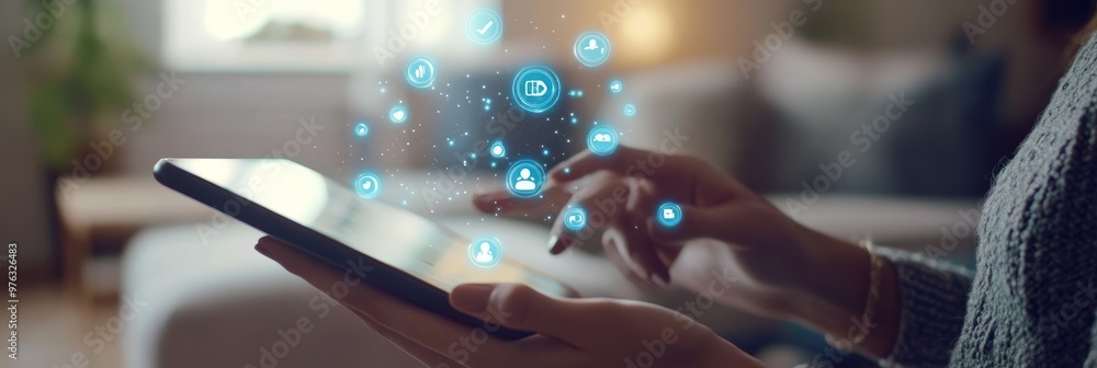 Poster Tablet user interacting with icons in a home setting, surrounded by a soft background. Online messaging and social media interaction.