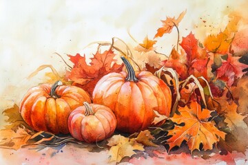 Naklejka premium A beautifully vibrant watercolor depiction showcases pumpkins gracefully surrounded by colorful autumn leaves