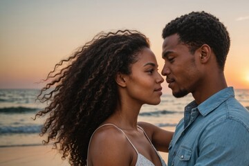 portrait Romantic biracial young couple on beach at sunset