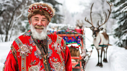 Fototapeta premium Joyful Elderly Man in Festive Traditional Attire Standing Next to a Decorated Sleigh and Reindeer in a Snowy Forest. Concept of Cultural Celebration, Holiday Joy, Christmas, Santa Claus