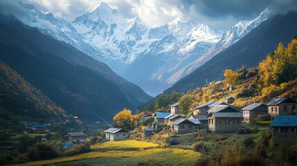 A traditional village nestled in a valley surrounded by snow-capped mountains.