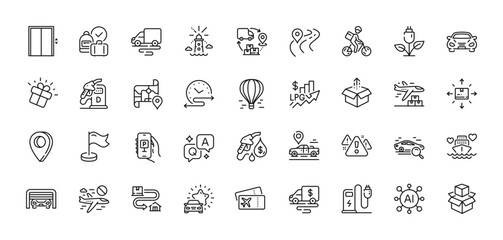 Diesel station, Tracking parcel and Car review line icons pack. AI, Question and Answer, Map pin icons. Parking garage, Charging station, Cash transit web icon. Vector
