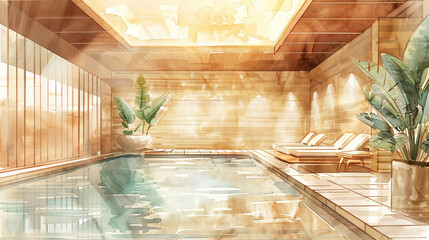 Watercolor illustration of a sauna with a pool. Concept of relaxation, indoor wellness, and spa experience