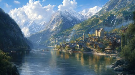 Fototapeta premium A quaint village nestled in a valley, surrounded by towering mountains, a sparkling lake, and a beautiful waterfall.