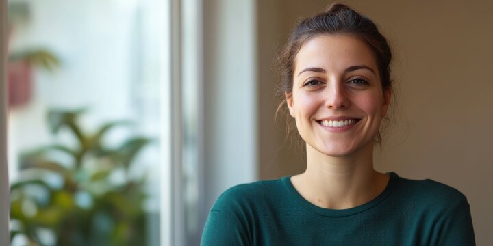A young woman smiles warmly while standing by a window in a relaxed and casual home setting, conveying a sense of contentment and simplicity in life.