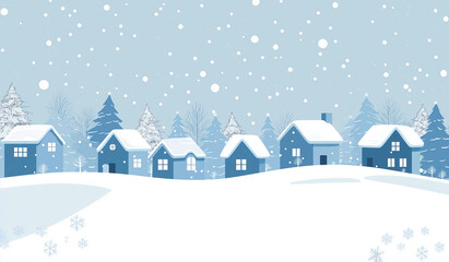 Cozy Winter Village with Falling Snow and Snow-Covered Roofs copy space