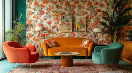 A mid-century modern living room with colorful furniture and floral wallpaper.