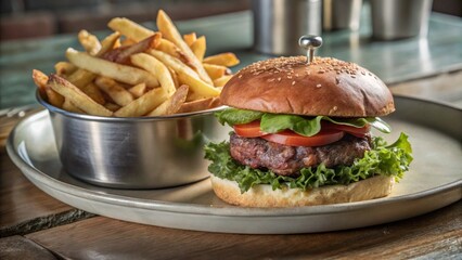 Beef tenderloin burger with lettuce and cheese sits on a white plate next to a metal bowl with fries. The burger is the main focus of the image, and the bowl is a decorative element that adds a touch
