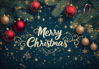 Merry Christmas Greeting Card with Golden Snowflakes and Red Ornaments