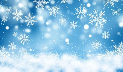 Abstract Winter Snowfall with White Snowflakes on a Blue Background