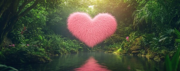 Pink fluffy heart floating in a lush jungle over a serene river, nature and love concept