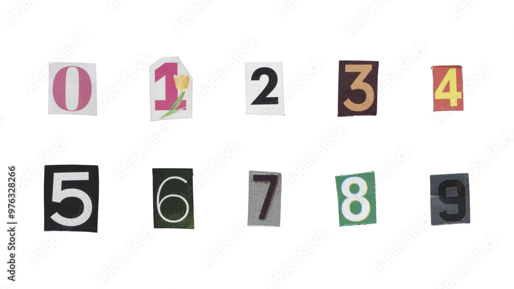 Poster set of cut-out ransom number from magazines on a transparent background, retro y2k style