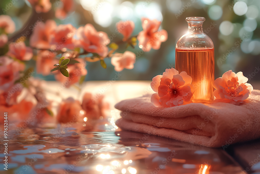 Poster A delicate bottle filled with aromatic oil rests on a soft towel beside pink blossoms. The warm light creates a calming and soothing atmosphere, perfect for relaxation