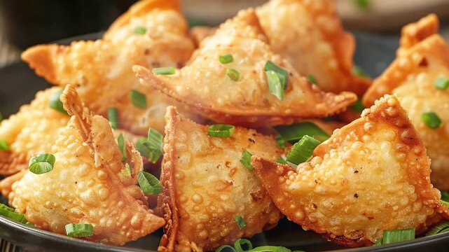 Fried rangoon on the table moves with smoke around