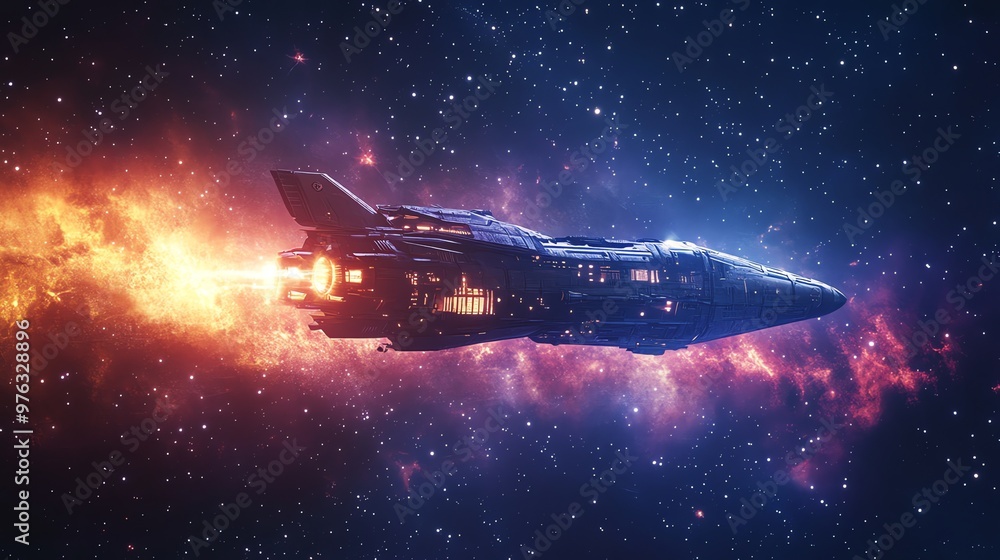 Poster a futuristic spaceship with glowing windows and burning engines flying through a colorful nebula in 