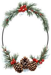 Christmas pine cone frame with red berries on a transparent background