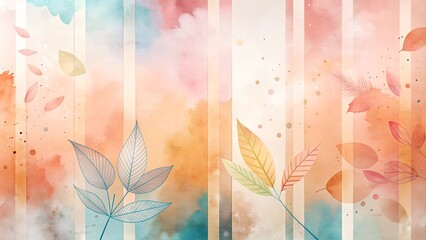 Watercolor leaves with vibrant striped background, artistic illustration for seasonal decor, copy space