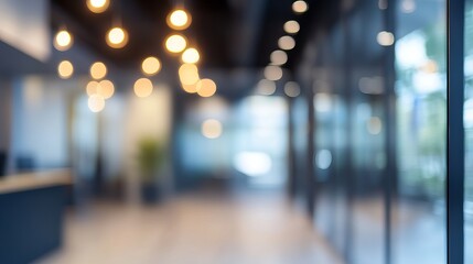 Abstract blurred image of a modern office interior with soft lighting used as a background design concept for office workplaces