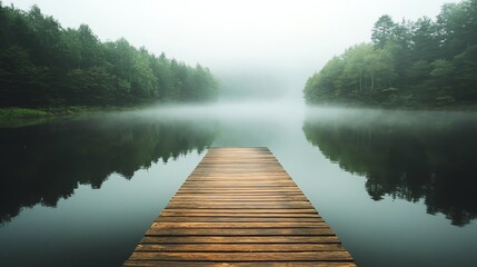 A wooden dock extends out into a misty lake surrounded by trees.