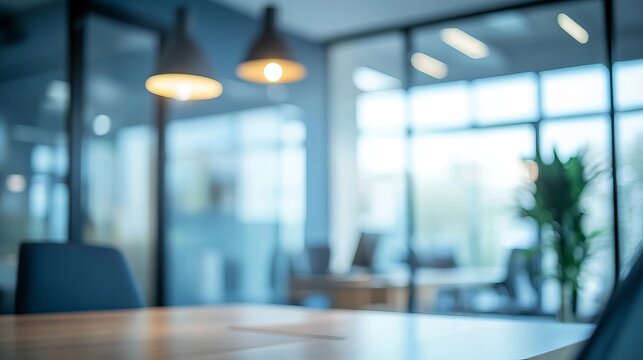 Abstract blurred image of an office interior at night showcasing a blurry working space with a defocused effect