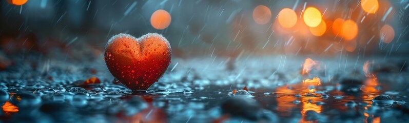 Fototapeta premium Red heart shape in the rain, love background, banner, copy space