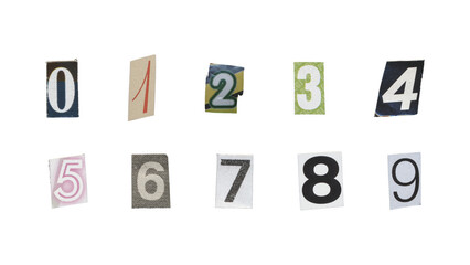 Set of cut-out ransom number from magazines on a transparent background, retro y2k style