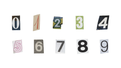 Set of cut-out ransom number from magazines on a transparent background, retro y2k style