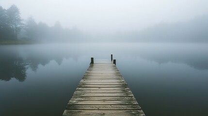 A wooden dock extends into a foggy lake, creating a sense of mystery and solitude.