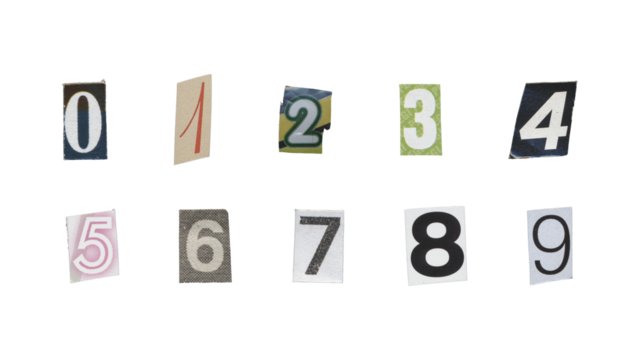 Set of cut-out ransom number from magazines on a transparent background, retro y2k style