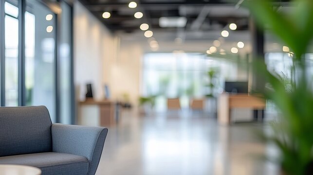 Abstract blurred image of an office interior at night showcasing a blurry working space with a defocused effect