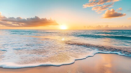 Fototapeta premium A beautiful ocean sunset with golden light reflecting on the water and sand.