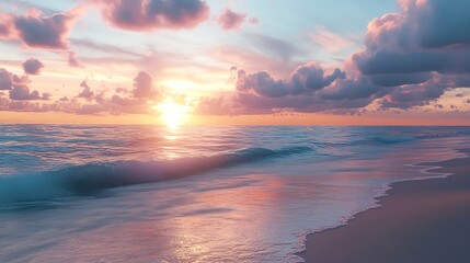 A stunning sunset over the ocean with pink and blue skies and soft waves on the sandy shore.