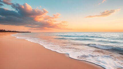 Tranquil ocean beach at sunset with soft pink and blue colors.
