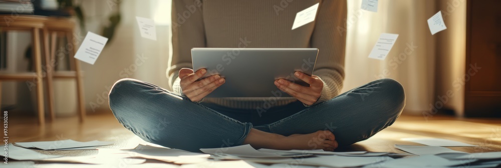 Poster Woman using tablet surrounded by floating papers and documents. Organization and digital work concept.