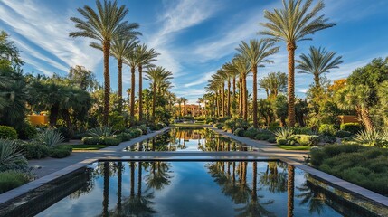 Fototapeta premium A tranquil reflection pool with palm trees lining the path.