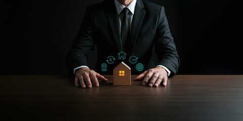 Businessman Protecting a House Model, Symbolizing Real Estate and Investment