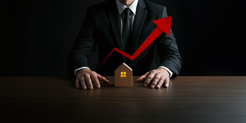 Businessman Protecting a House Model with Rising Graph, Symbolizing Real Estate Market Growth and Investment Success
