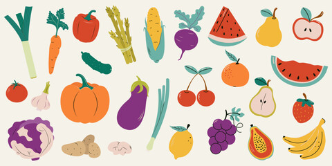 Set of vegetables and fruits. Leek, pepper, asparagus,pumpkin,tomato, cabbage,corn,cucumber,potatoes, mushrooms,garlic,onion,eggplant, beetroot,cherry,lemon,grapes, tangerine,apple, watermelon. Vector