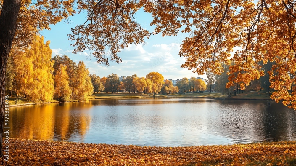 Poster tranquil autumn scene with colorful trees reflected in a calm lake.