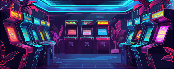 80s arcade, classic video game machines and neon colors, retro gaming, neon style, vector illustration, flat style.